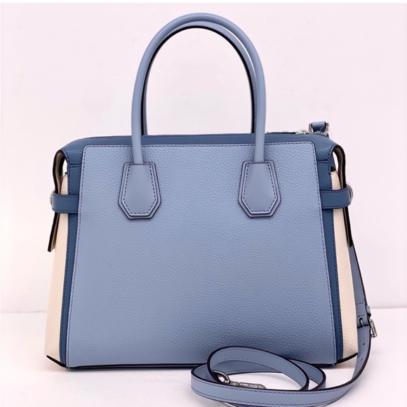 Michael Kors Mercer Medium Belted Satchel Crossbody Pale Blue Multi - Picture 2 of 12